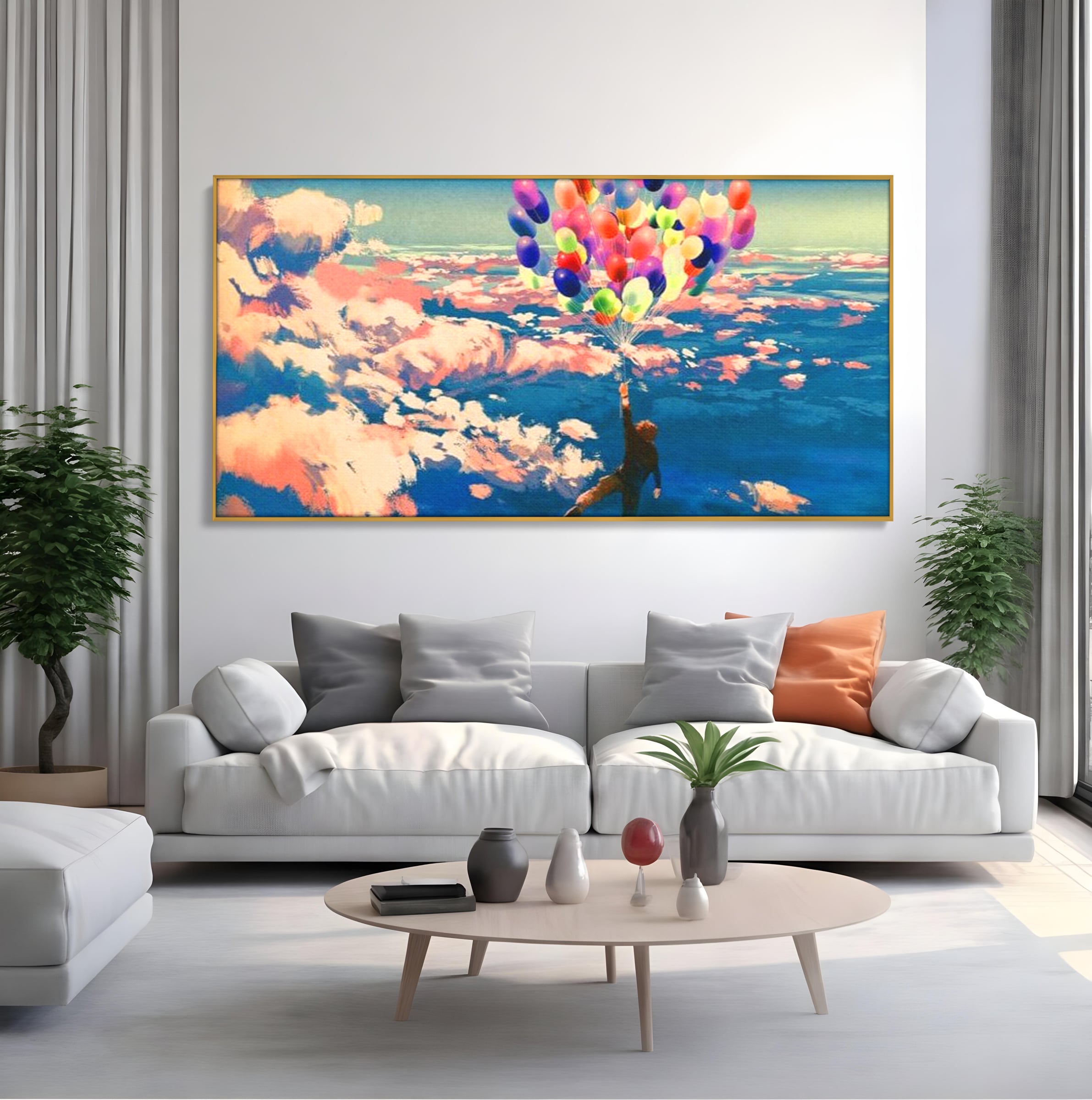 Tablou canvas cu tablou canvas cu om zburand cu baloane, in rama de aluminiu auriu, pe perete intr-un living